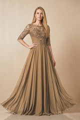 Brown Embroidered Chiffon Boat Neck A-Line Mother of the Bride Dress with Half Sleeves | KISSBRIDAL
