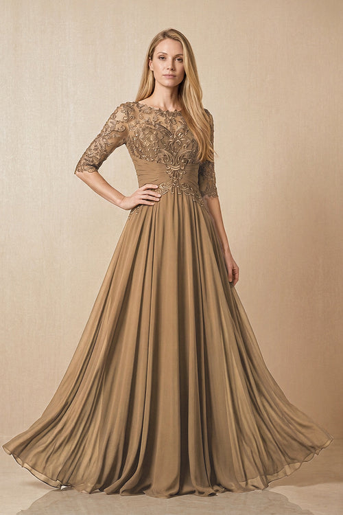 Brown Embroidered Chiffon Boat Neck A-Line Mother of the Bride Dress with Half Sleeves | KISSBRIDAL