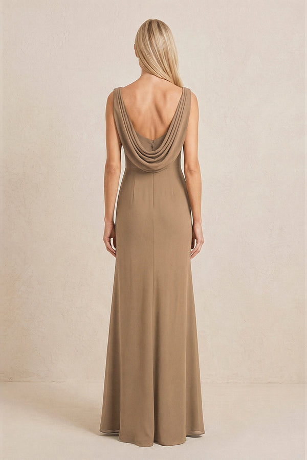 Brown Embroidered Cowl Neck Sheath Chiffon Mother of the Bride Dress (2) | KISSBRIDAL