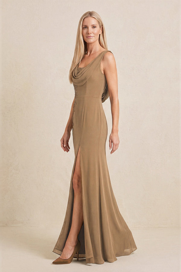 Brown Embroidered Cowl Neck Sheath Chiffon Mother of the Bride Dress (3) | KISSBRIDAL