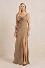 Brown Embroidered Cowl Neck Sheath Chiffon Mother of the Bride Dress | KISSBRIDAL