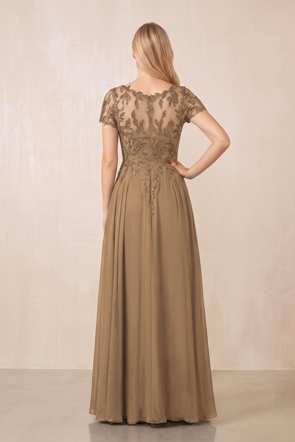 Brown Illusion Neck A-Line Chiffon Cap Sleeves Mother of the Bride Dress