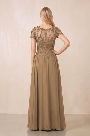 Brown Illusion Neck A-Line Chiffon Cap Sleeves Mother of the Bride Dress (2) | KISSBRIDAL
