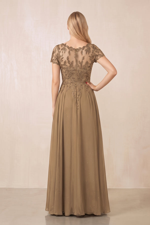 Brown Illusion Neck A-Line Chiffon Cap Sleeves Mother of the Bride Dress (2) | KISSBRIDAL