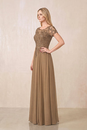 Brown Illusion Neck A-Line Chiffon Cap Sleeves Mother of the Bride Dress (3) | KISSBRIDAL