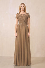 Brown Illusion Neck A-Line Chiffon Cap Sleeves Mother of the Bride Dress | KISSBRIDAL