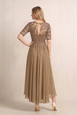 Brown Illusion Neck A-Line Chiffon Lace Midi Mother of the Bride Dress with Half Sleeves (2) | KISSBRIDAL