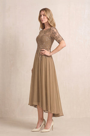 Brown Illusion Neck A-Line Chiffon Lace Midi Mother of the Bride Dress with Half Sleeves (3) | KISSBRIDAL