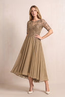 Brown Illusion Neck A-Line Chiffon Lace Midi Mother of the Bride Dress with Half Sleeves | KISSBRIDAL