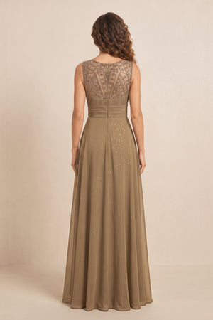 Brown Illusion Neck A-Line Satin Embroidered Pleated Mother of the Bride Dress (2) | KISSBRIDAL