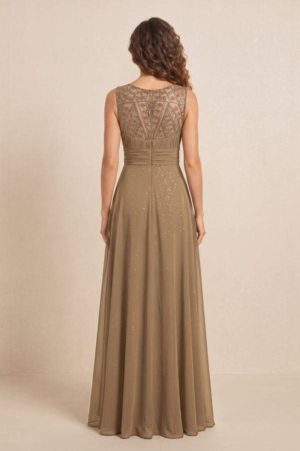 Brown Illusion Neck A-Line Satin Embroidered Pleated Mother of the Bride Dress (2) | KISSBRIDAL
