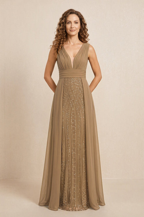 Brown Illusion Neck A-Line Satin Embroidered Pleated Mother of the Bride Dress | KISSBRIDAL