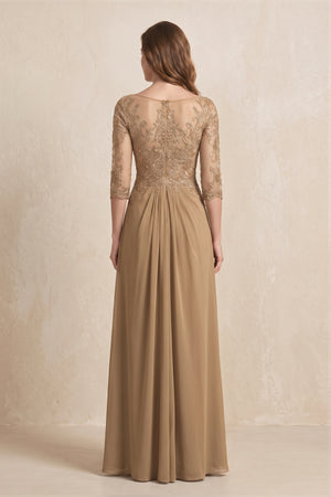 Brown Illusion Neck Sheath Embroidered Chiffon Mother of the Bride Dress with Half Sleeves (2) | KISSBRIDAL