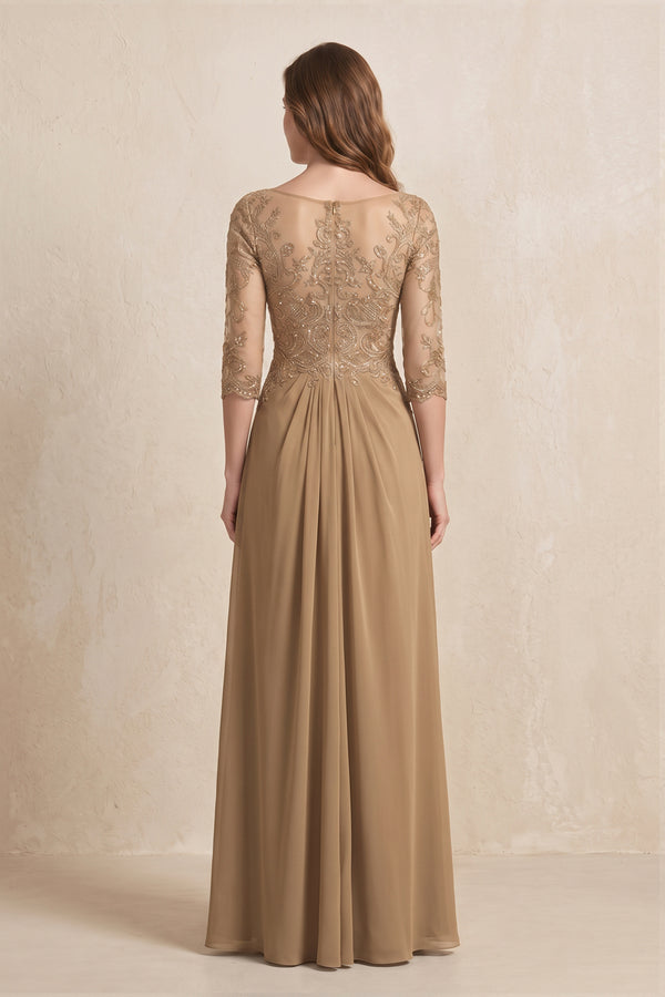 Brown Illusion Neck Sheath Embroidered Chiffon Mother of the Bride Dress with Half Sleeves (2) | KISSBRIDAL