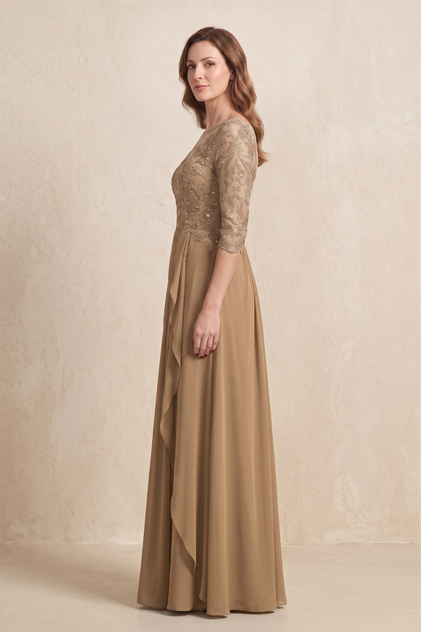 Brown Illusion Neck Sheath Embroidered Chiffon Mother of the Bride Dress with Half Sleeves (3) | KISSBRIDAL