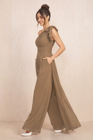 Brown One-Shoulder Chiffon Mother of the Bride Jumpsuits (3) | KISSBRIDAL