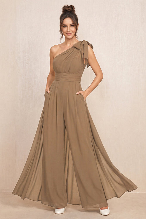 Brown One-Shoulder Chiffon Mother of the Bride Jumpsuits | KISSBRIDAL
