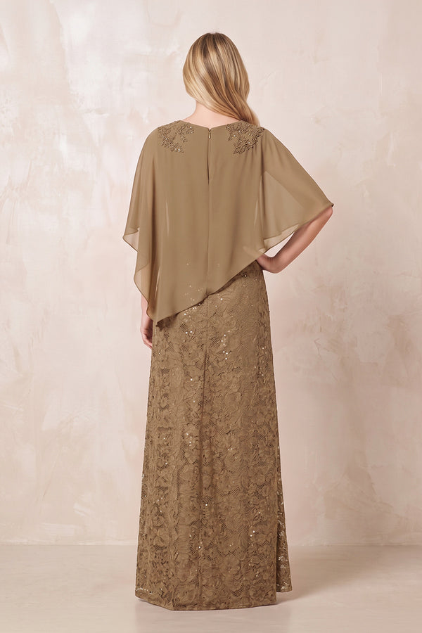 Brown Round Neck Lace Sheath Chiffon Cape Sleeves Mother of the Bride Dress (2) | KISSBRIDAL
