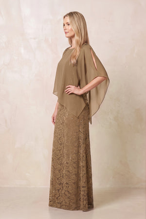 Brown Round Neck Lace Sheath Chiffon Cape Sleeves Mother of the Bride Dress (3) | KISSBRIDAL