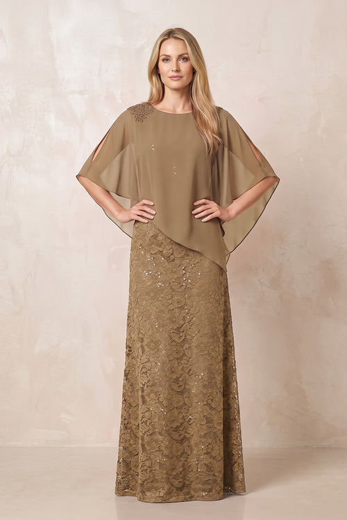 Brown Round Neck Lace Sheath Chiffon Cape Sleeves Mother of the Bride Dress | KISSBRIDAL