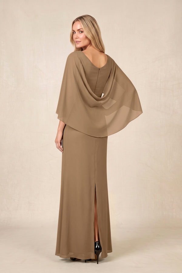 Brown Round Neck Sheath Chiffon Cape Sleeves Ruched Mother of the Bride Dress (2) | KISSBRIDAL