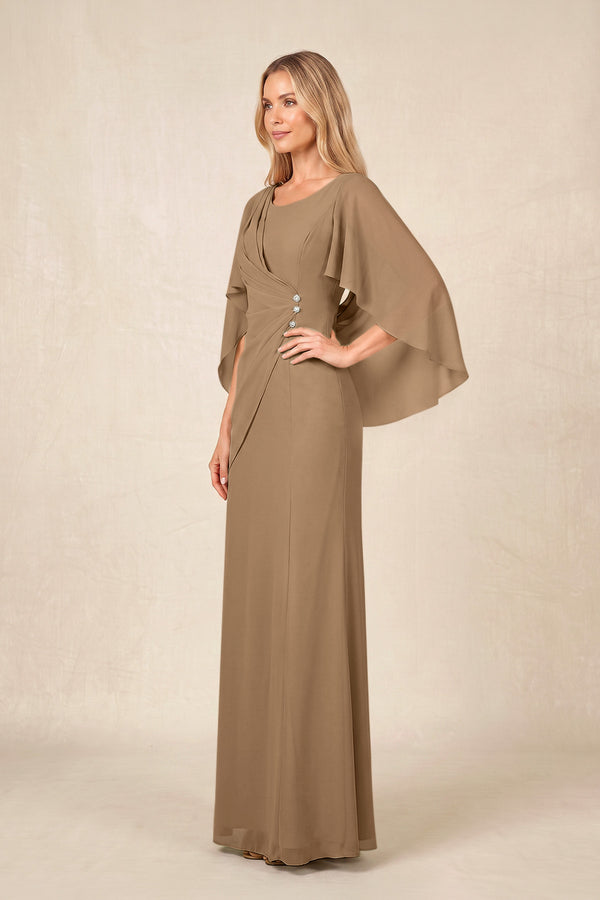 Brown Round Neck Sheath Chiffon Cape Sleeves Ruched Mother of the Bride Dress (3) | KISSBRIDAL