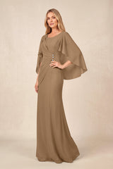 Brown Round Neck Sheath Chiffon Cape Sleeves Ruched Mother of the Bride Dress | KISSBRIDAL