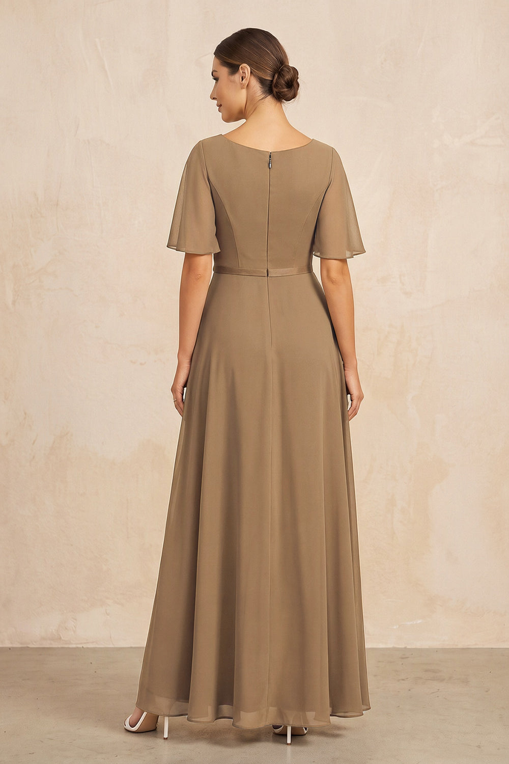 Brown Ruched A-Line Chiffon V-Neck Mother of the Bride Dress with Sleeves