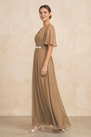 Brown Ruched A-Line Chiffon V-Neck Mother of the Bride Dress with Sleeves (3) | KISSBRIDAL