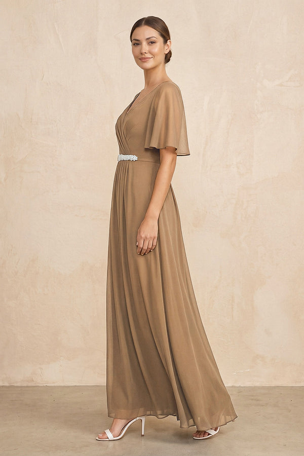 Brown Ruched A-Line Chiffon V-Neck Mother of the Bride Dress with Sleeves (3) | KISSBRIDAL