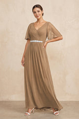Brown Ruched A-Line Chiffon V-Neck Mother of the Bride Dress with Sleeves | KISSBRIDAL