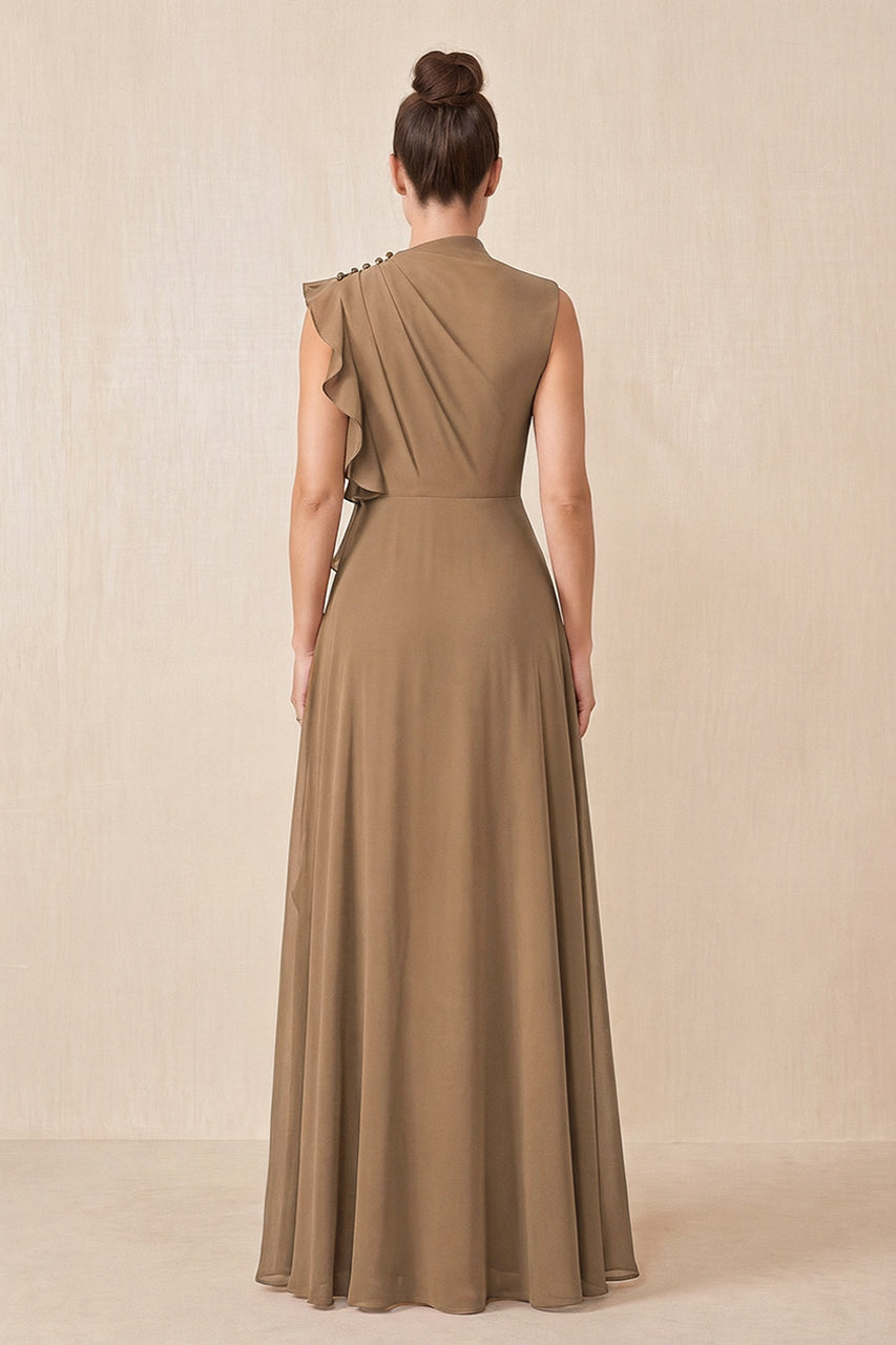 Brown Ruffled A-Line Chiffon Mother of the Bride Dress
