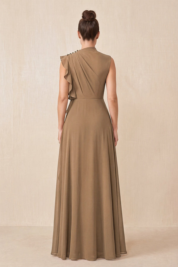 Brown Ruffled A-Line Chiffon Mother of the Bride Dress (2) | KISSBRIDAL