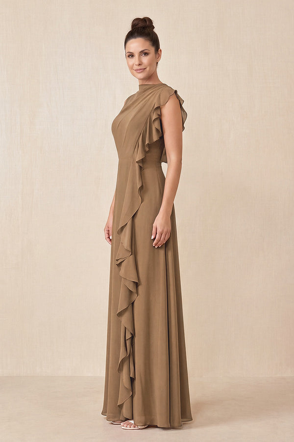 Brown Ruffled A-Line Chiffon Mother of the Bride Dress (3) | KISSBRIDAL