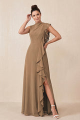 Brown Ruffled A-Line Chiffon Mother of the Bride Dress | KISSBRIDAL