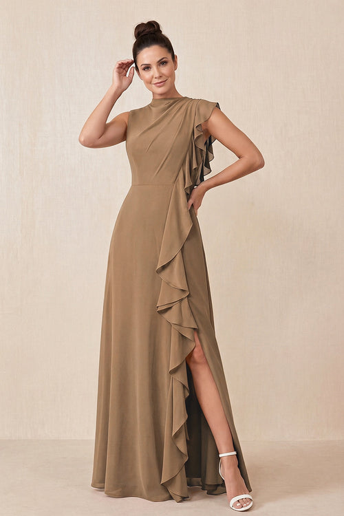 Brown Ruffled A-Line Chiffon Mother of the Bride Dress | KISSBRIDAL