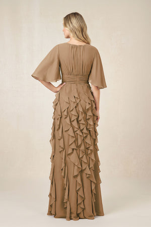 Brown Ruffled Chiffon Half Sleeves A-Line Mother of the Bride Dress (2) | KISSBRIDAL