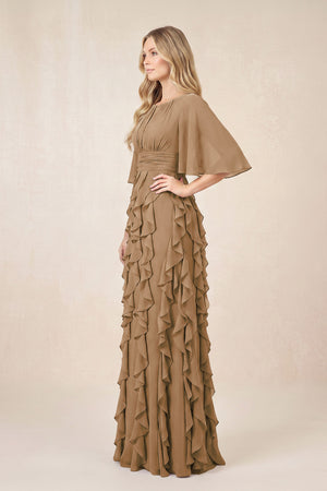 Brown Ruffled Chiffon Half Sleeves A-Line Mother of the Bride Dress (3) | KISSBRIDAL