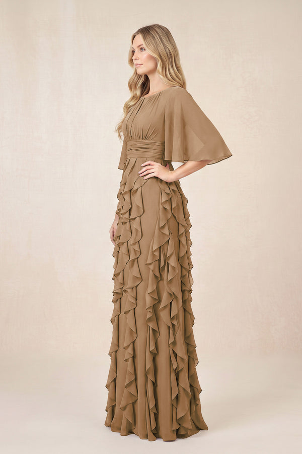 Brown Ruffled Chiffon Half Sleeves A-Line Mother of the Bride Dress (3) | KISSBRIDAL