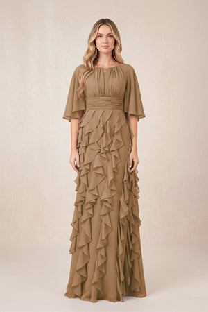 Brown Ruffled Chiffon Half Sleeves A-Line Mother of the Bride Dress | KISSBRIDAL