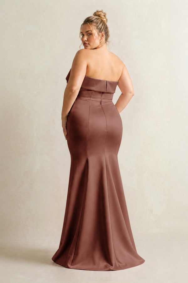 Brown Strapless Satin Mermaid Bridesmaid Dress (2) [sizeplus] | KISSBRIDAL