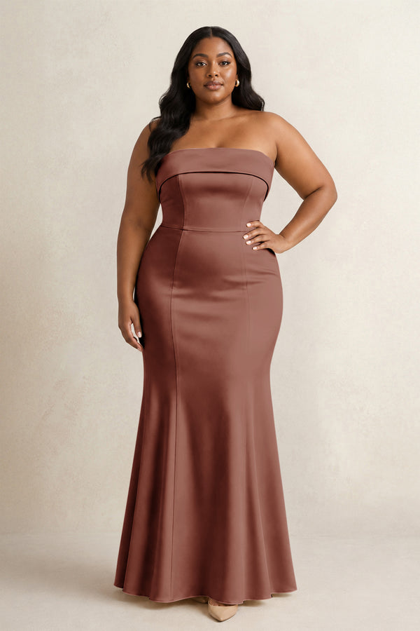Brown Strapless Satin Mermaid Bridesmaid Dress (3) [sizeplus] | KISSBRIDAL