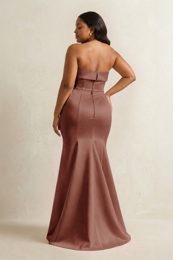 Brown Strapless Satin Mermaid Bridesmaid Dress (4) [sizeplus] | KISSBRIDAL