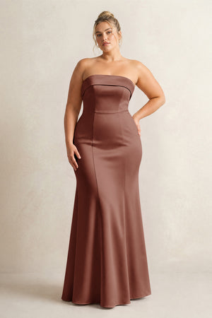 Brown Strapless Satin Mermaid Bridesmaid Dress [sizeplus] | KISSBRIDAL