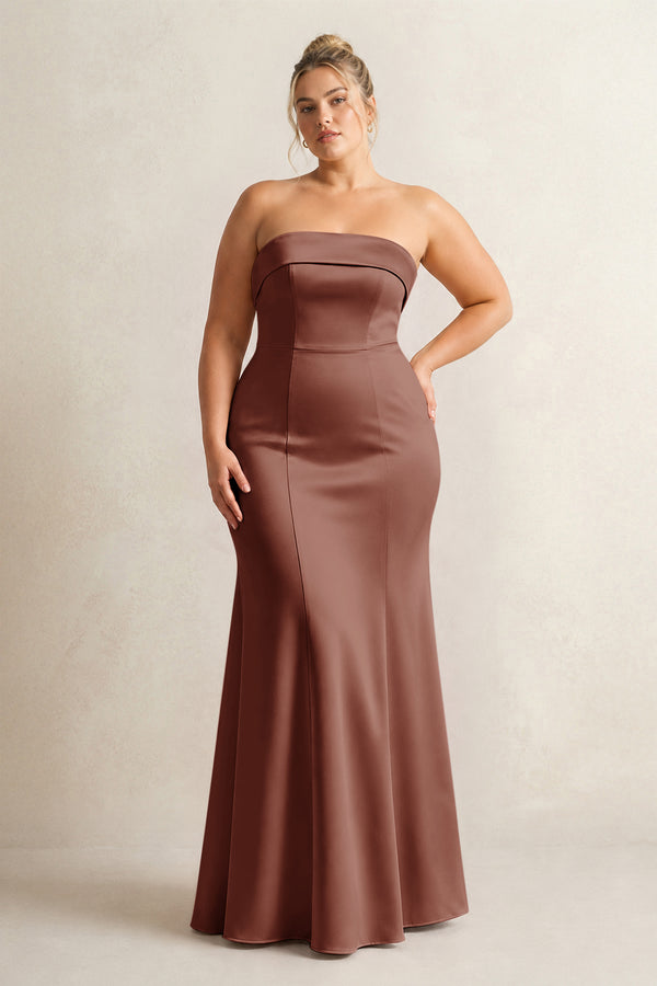 Brown Strapless Satin Mermaid Bridesmaid Dress [sizeplus] | KISSBRIDAL