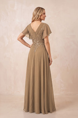 Brown V-Neck Chiffon Ruffled Sleeves A-Line Mother of the Bride Dress (2) | KISSBRIDAL