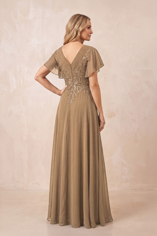 Brown V-Neck Chiffon Ruffled Sleeves A-Line Mother of the Bride Dress (2) | KISSBRIDAL