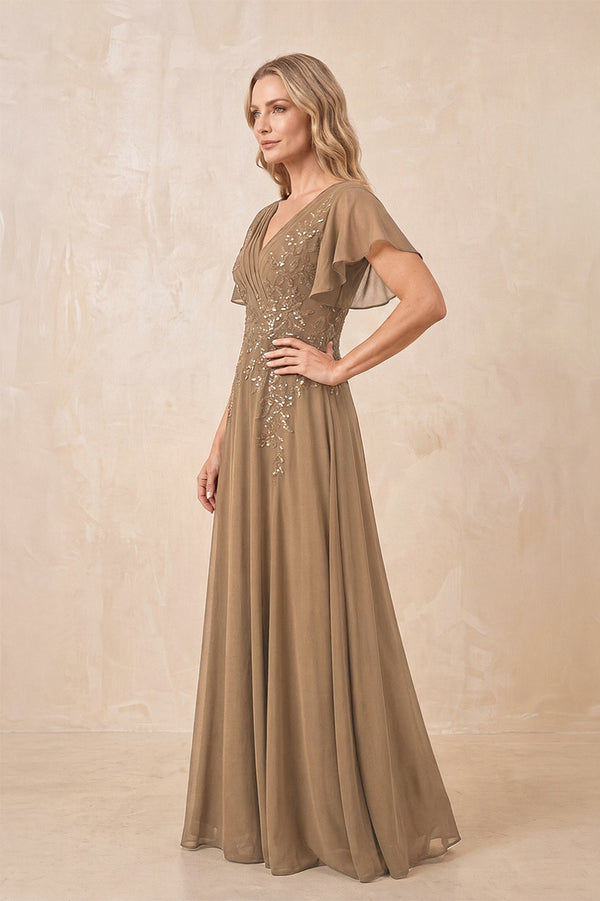Brown V-Neck Chiffon Ruffled Sleeves A-Line Mother of the Bride Dress (3) | KISSBRIDAL