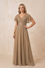 Brown V-Neck Chiffon Ruffled Sleeves A-Line Mother of the Bride Dress | KISSBRIDAL
