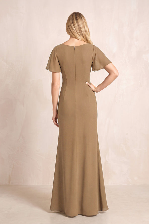 Brown V-Neck Sheath Chiffon Ruffled Short Sleeves Mother of the Bride Dress with Slit (2) | KISSBRIDAL